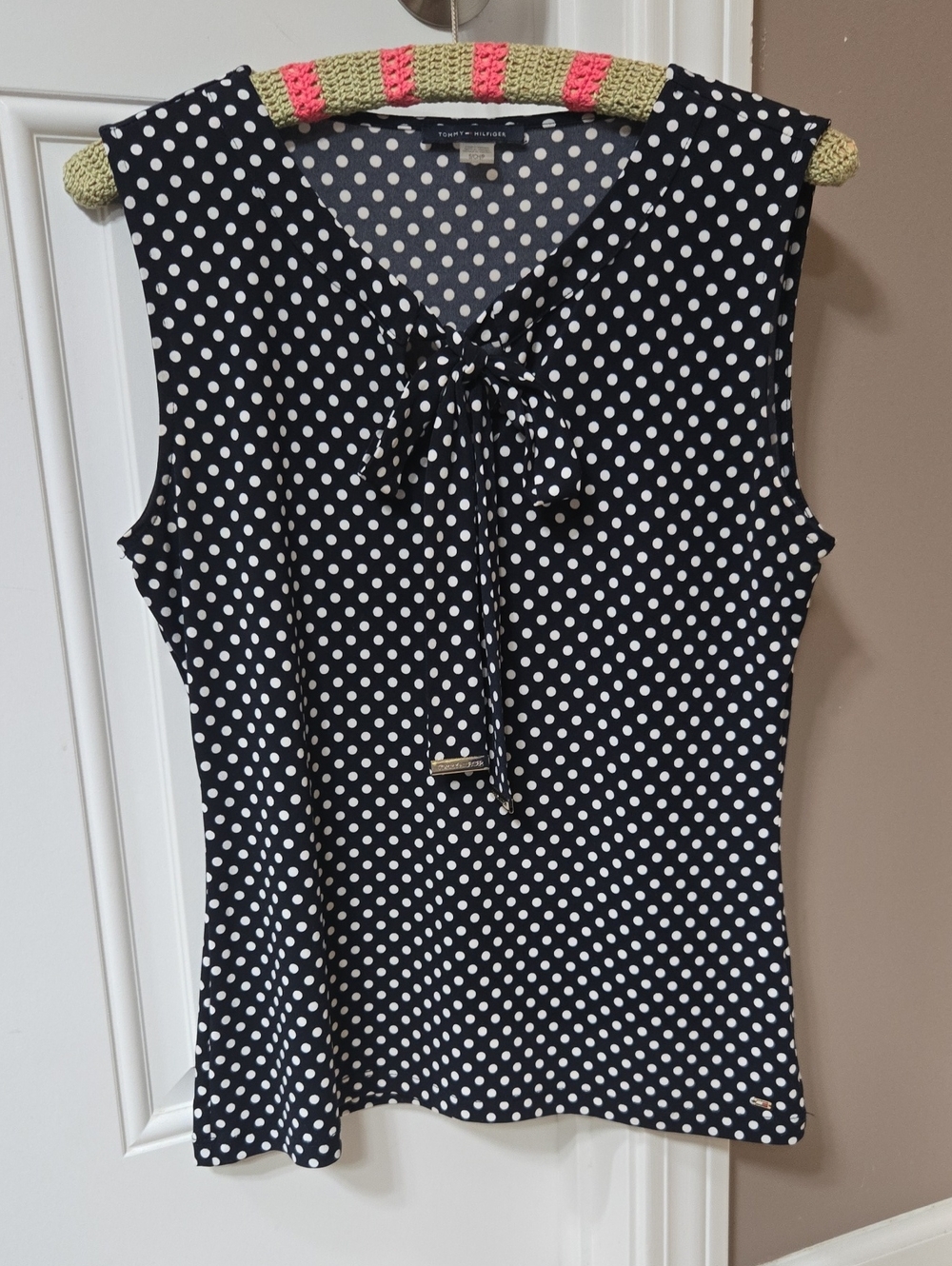 Tommy Hilfiger Black and White Polka Dot Sleeveless Tie-Neck Camisole/Tank